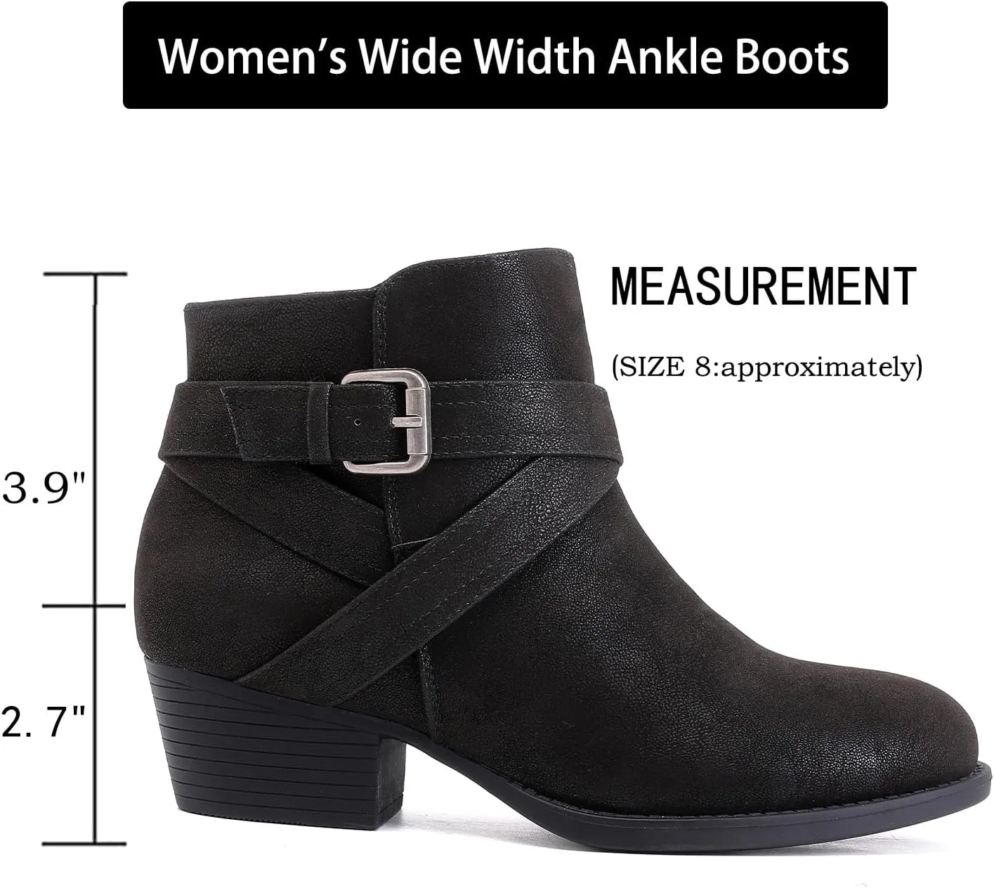Luoika Women's Wide Width Ankle Boots - Black Brown Short Boots Block Low Heel Side Zipper Booties.