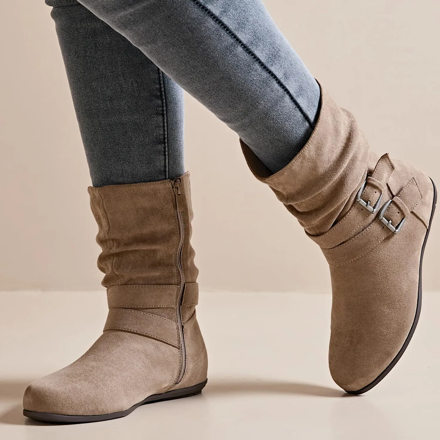 Luoika Women's Wide Width Ankle Boots - Black Brown Short Boots Block Low Heel Side Zipper Booties.