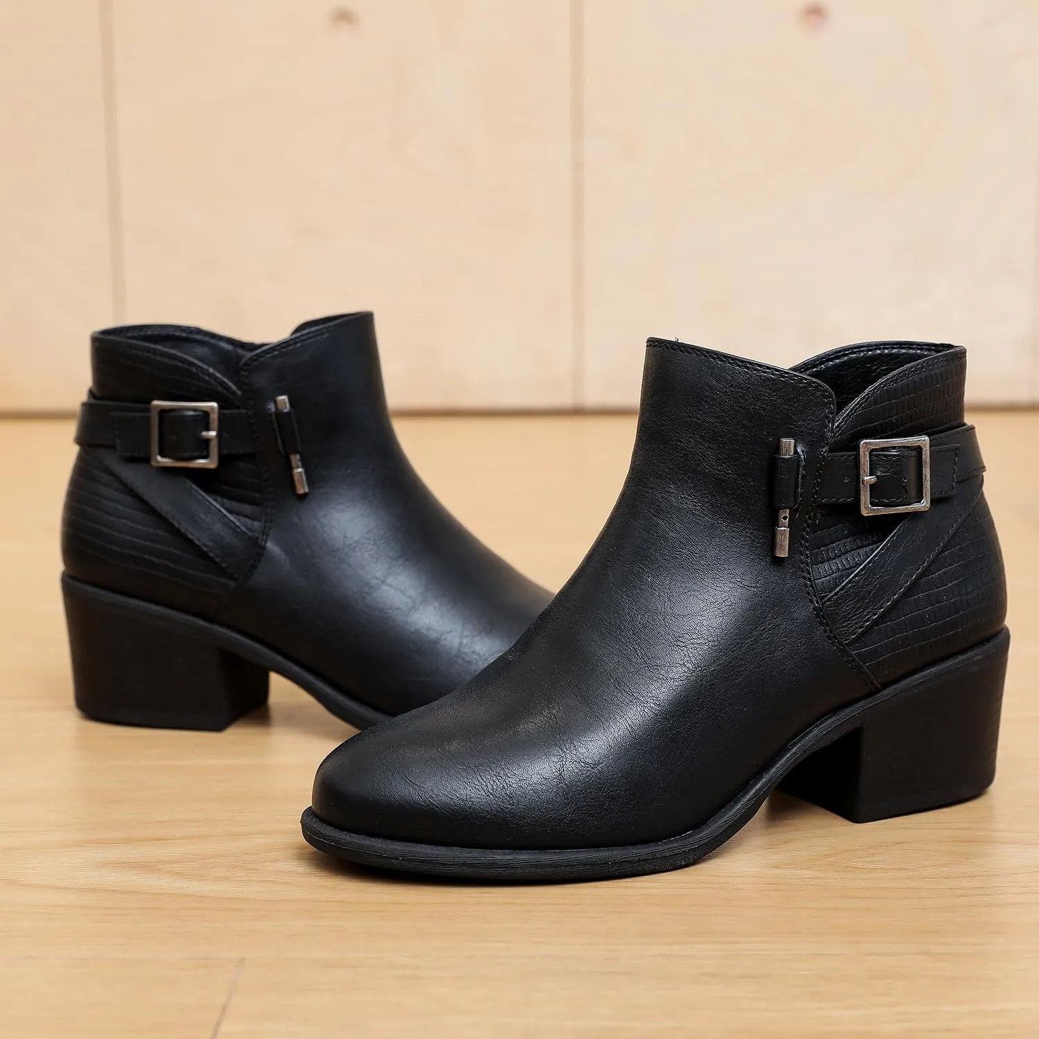 Luoika Women's Wide Width Ankle Boots - Black Brown Short Boots Block Low Heel Side Zipper Booties.