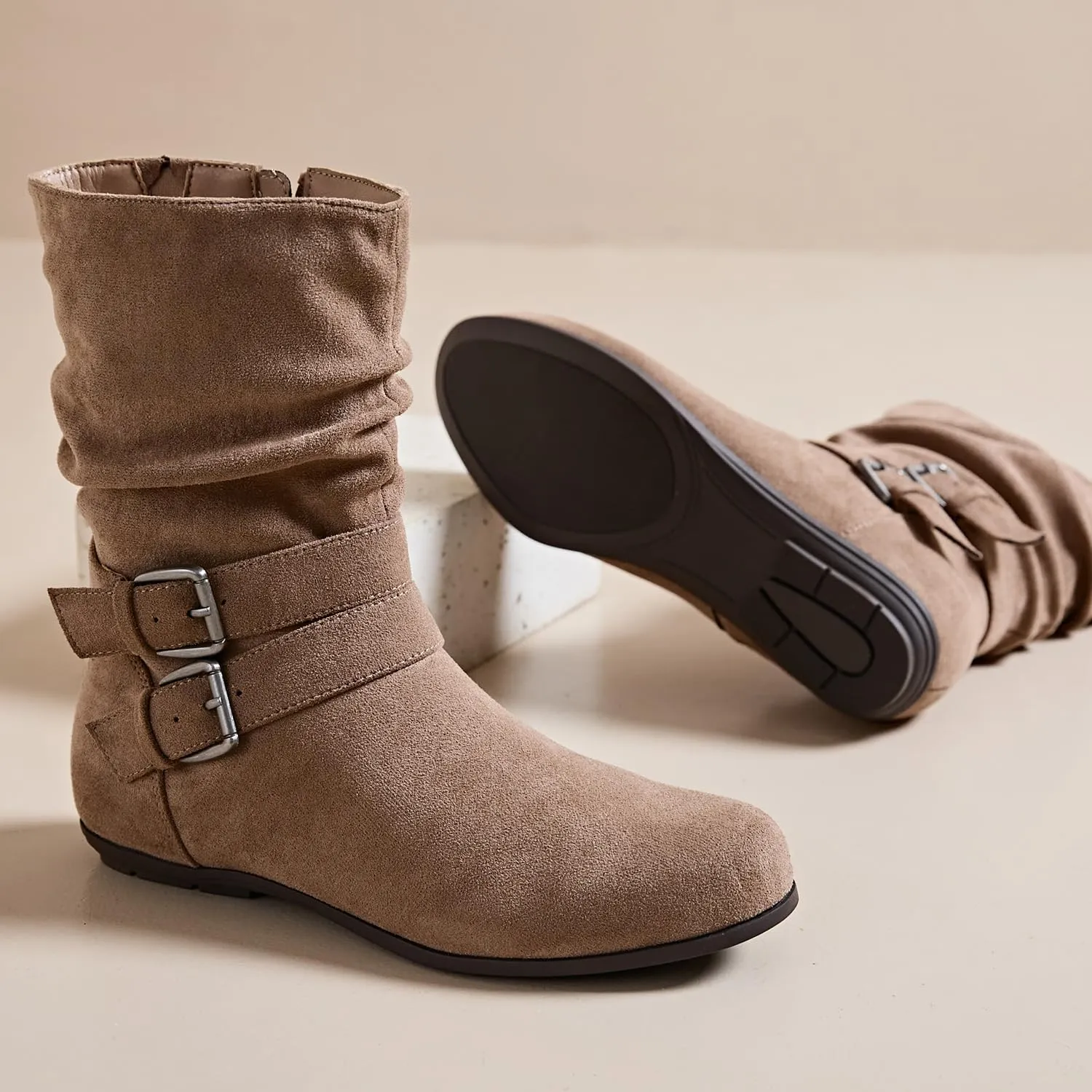 Luoika Women's Wide Width Ankle Boots - Black Brown Short Boots Block Low Heel Side Zipper Booties.