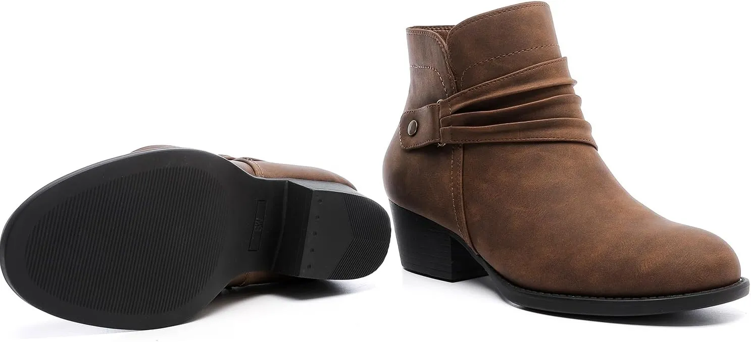 Luoika Women's Wide Width Ankle Boots - Black Brown Short Boots Block Low Heel Side Zipper Booties.