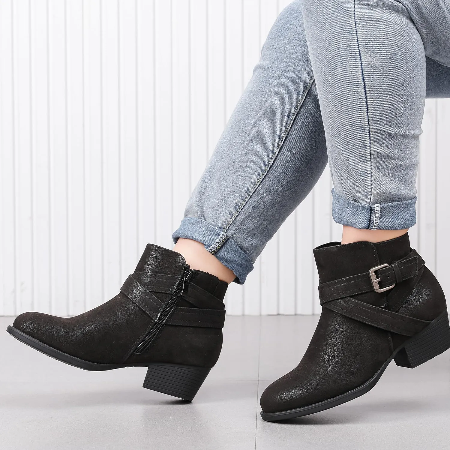 Luoika Women's Wide Width Ankle Boots - Black Brown Short Boots Block Low Heel Side Zipper Booties.