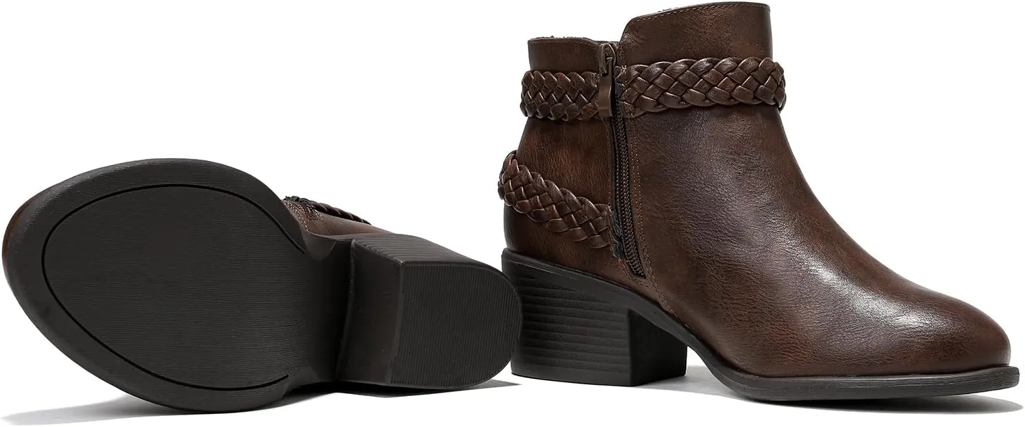 Luoika Women's Wide Width Ankle Boots - Black Brown Short Boots Block Low Heel Side Zipper Booties.