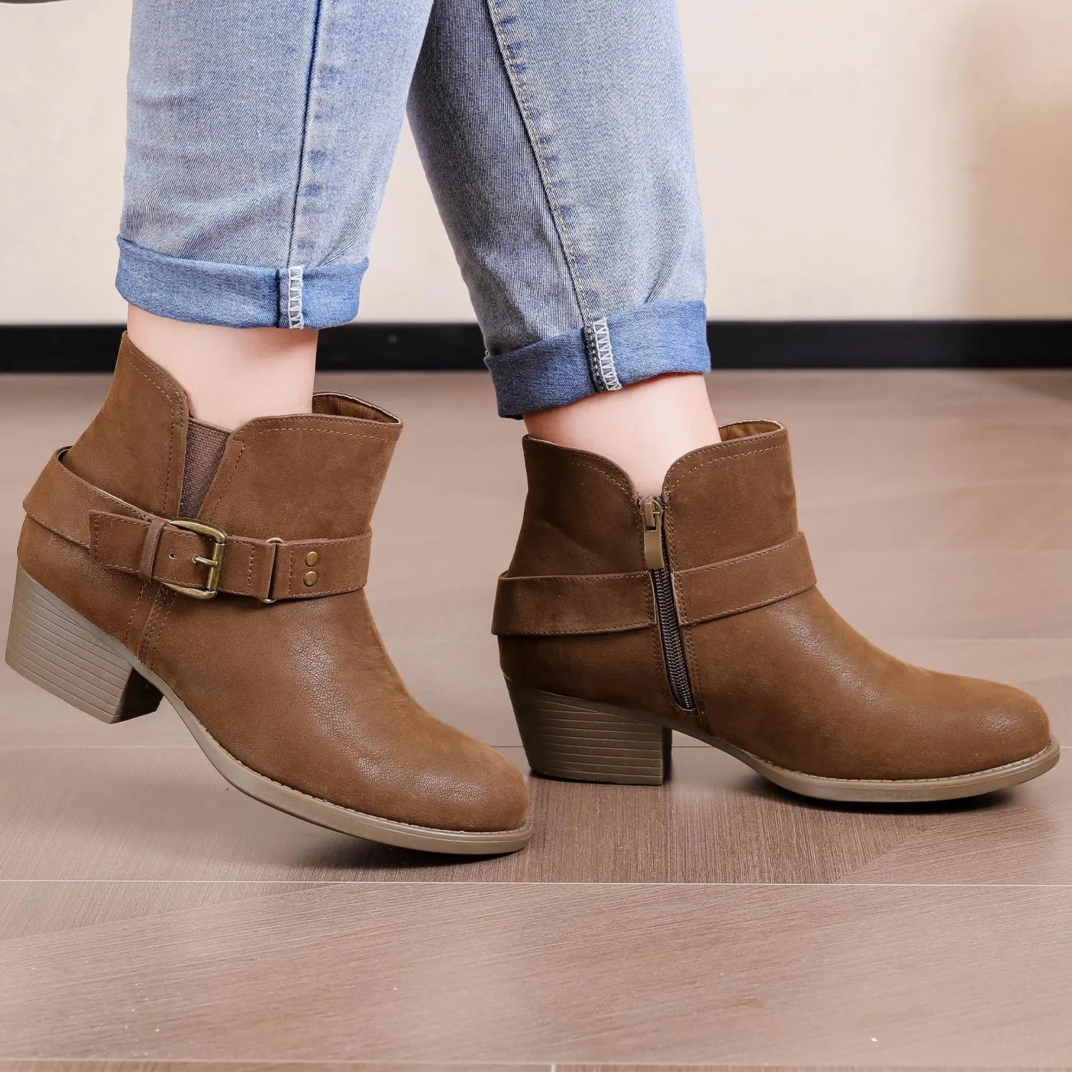 Luoika Women's Wide Width Ankle Boots - Black Brown Short Boots Block Low Heel Side Zipper Booties.