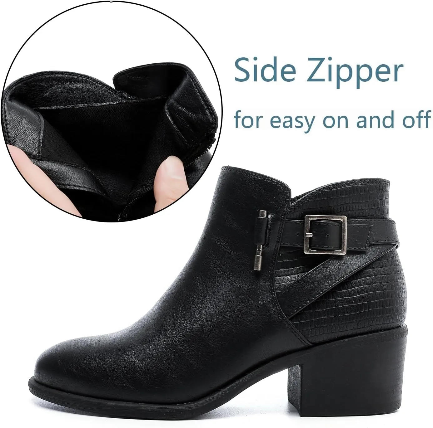 Luoika Women's Wide Width Ankle Boots - Black Brown Short Boots Block Low Heel Side Zipper Booties.