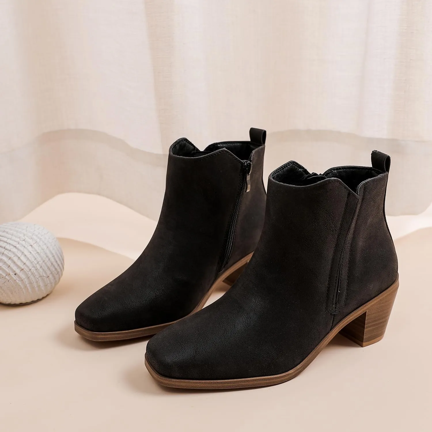 Luoika Women's Wide Width Ankle Boots - Black Brown Short Boots Block Low Heel Side Zipper Booties.