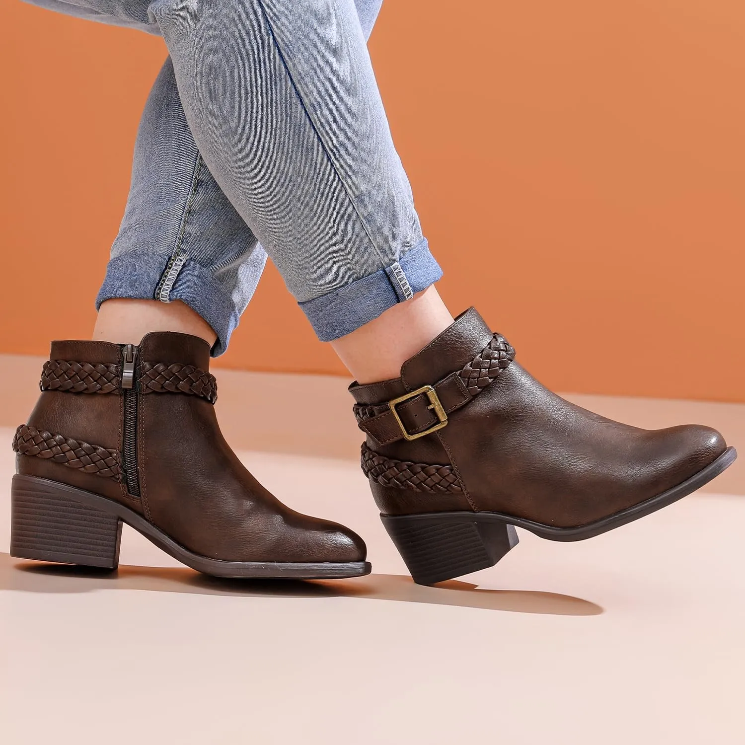Luoika Women's Wide Width Ankle Boots - Black Brown Short Boots Block Low Heel Side Zipper Booties.