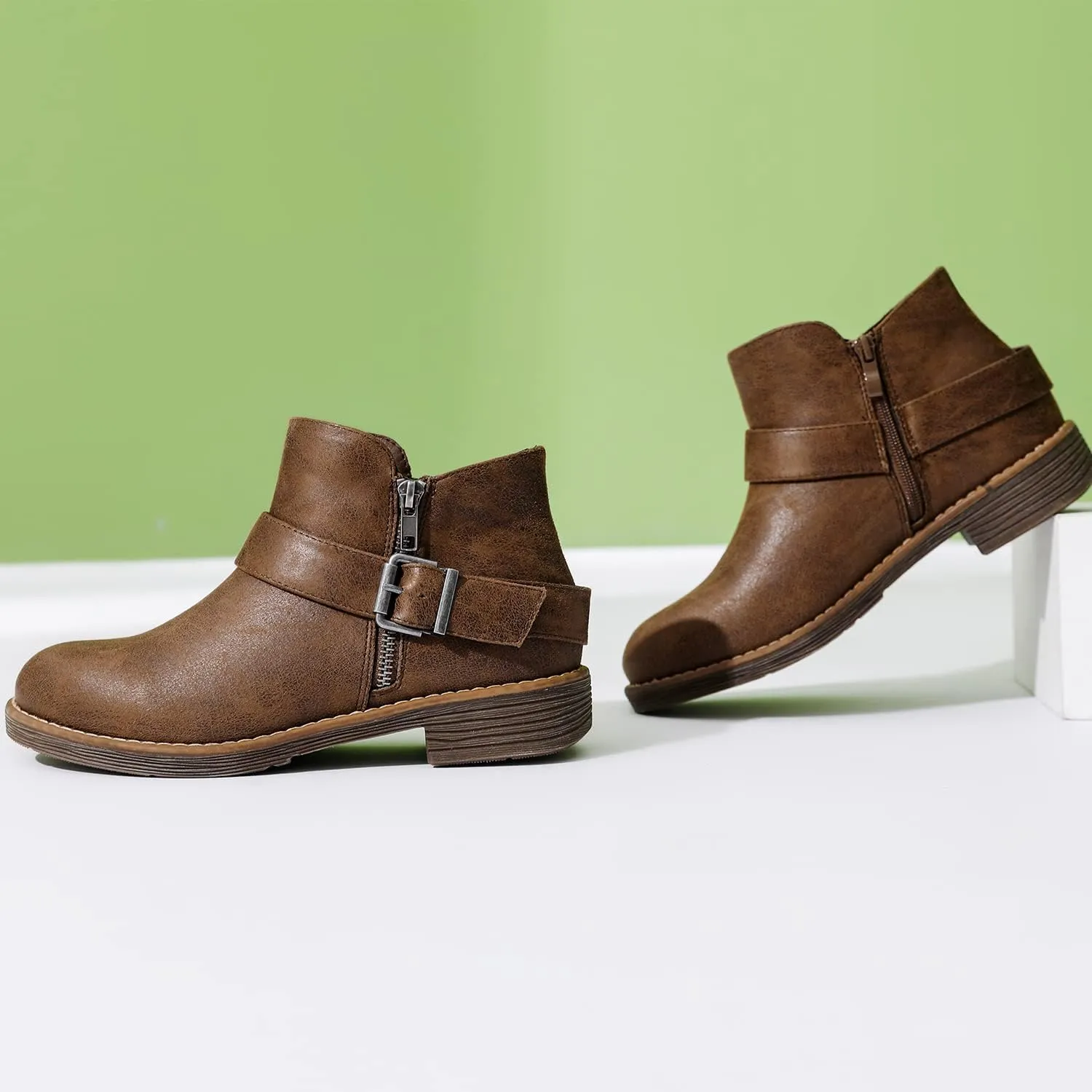 Luoika Women's Wide Width Ankle Boots - Black Brown Short Boots Block Low Heel Side Zipper Booties.