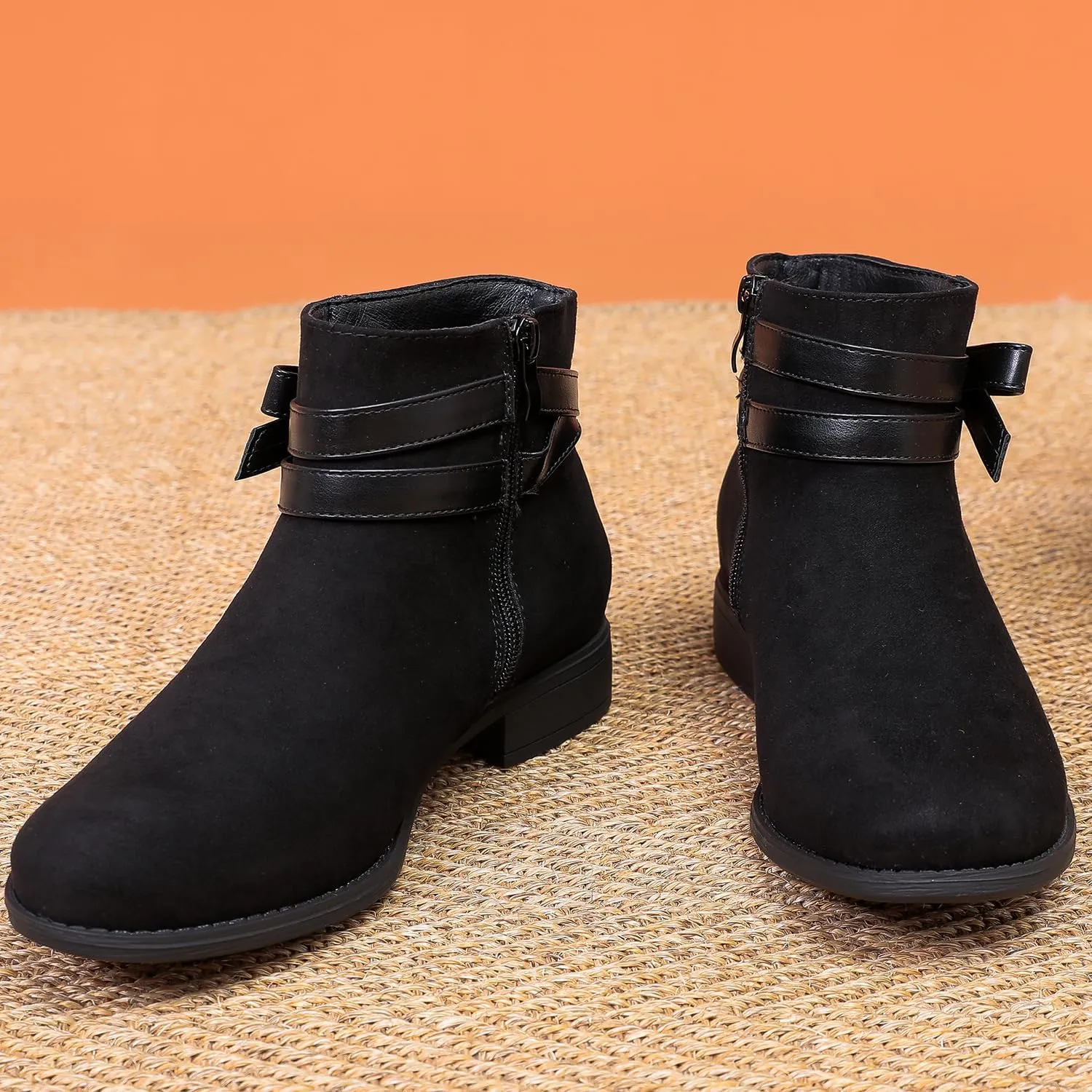 Luoika Women's Wide Width Ankle Boots - Black Brown Short Boots Block Low Heel Side Zipper Booties.