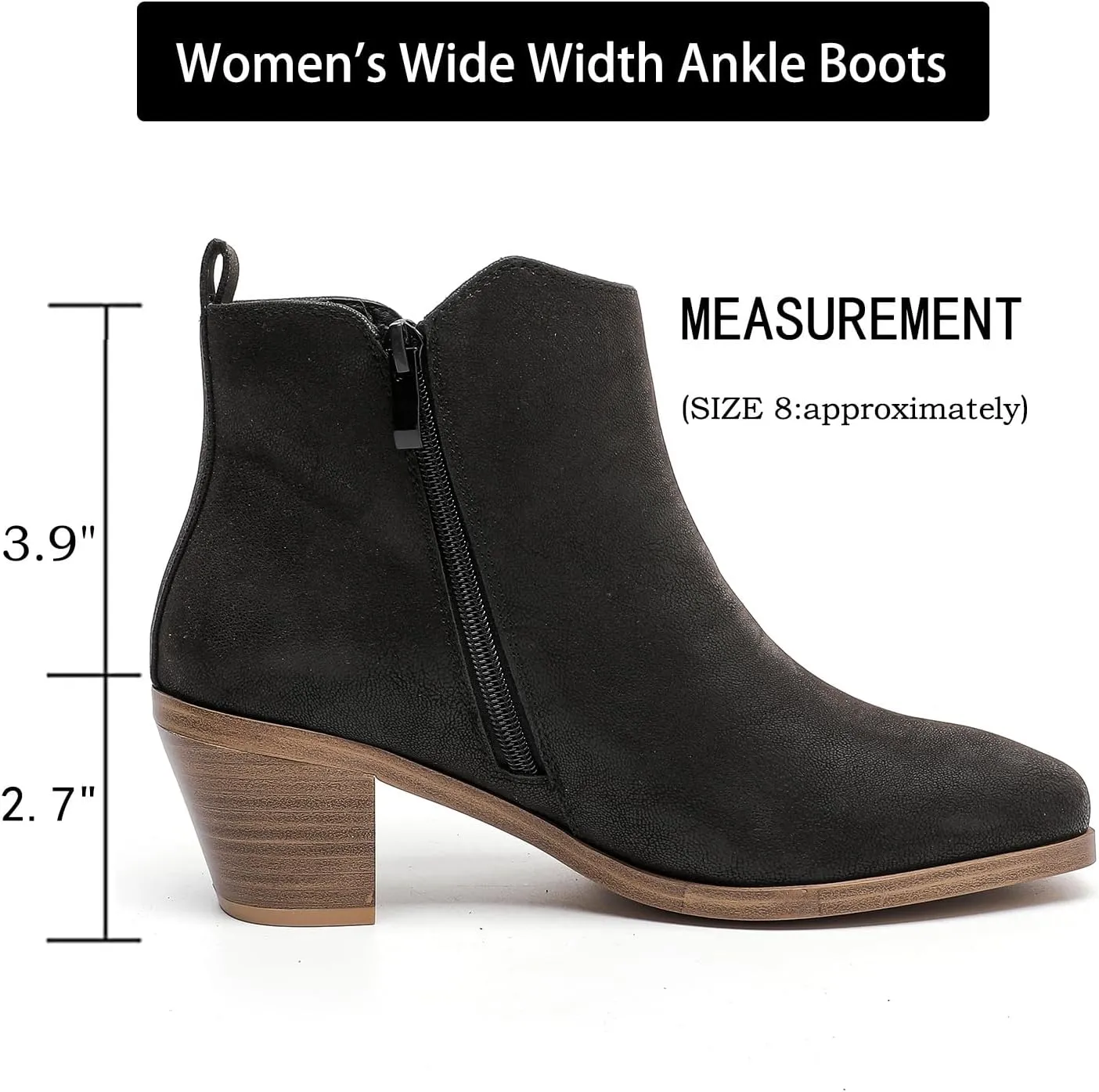 Luoika Women's Wide Width Ankle Boots - Black Brown Short Boots Block Low Heel Side Zipper Booties.
