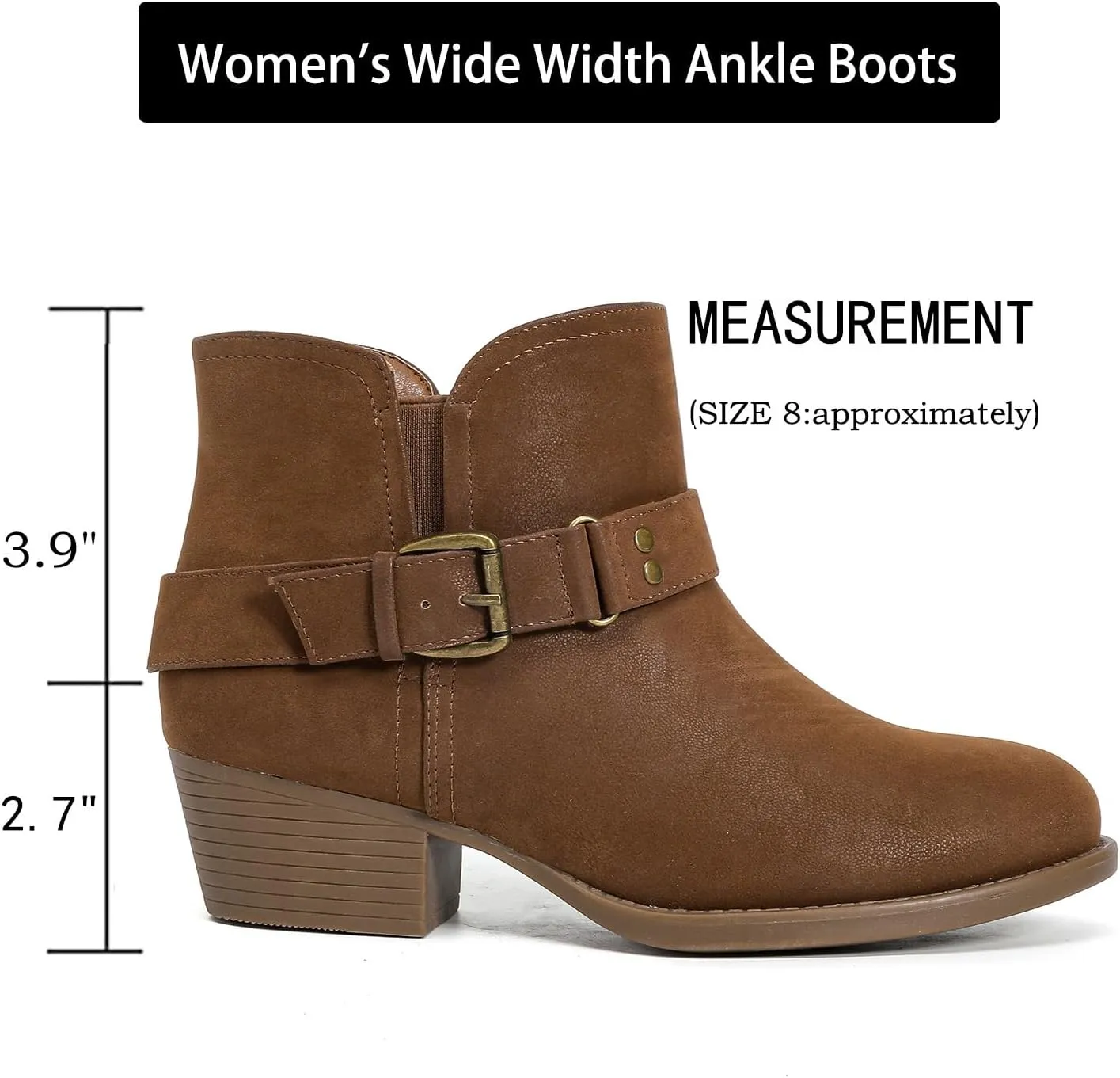 Luoika Women's Wide Width Ankle Boots - Black Brown Short Boots Block Low Heel Side Zipper Booties.
