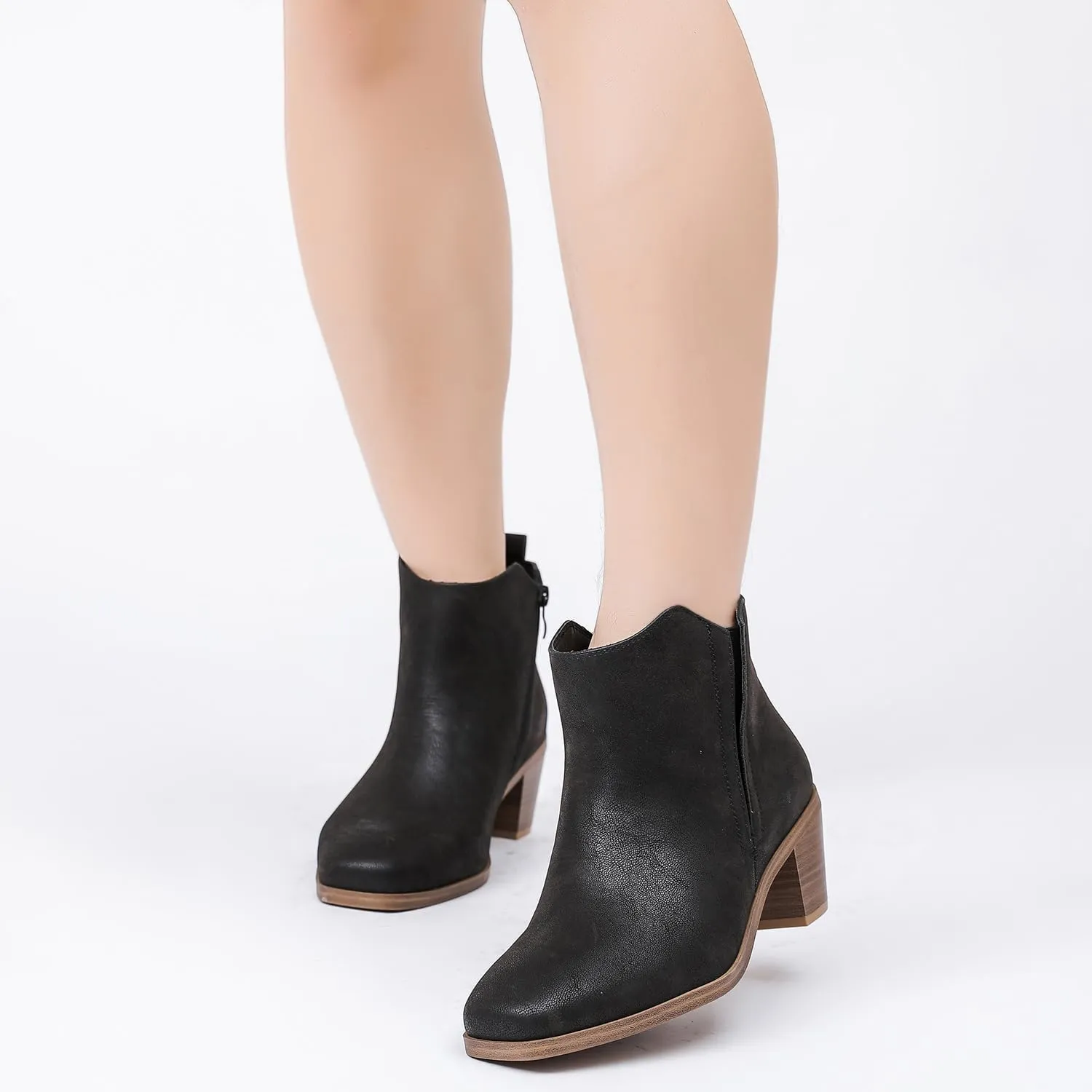 Luoika Women's Wide Width Ankle Boots - Black Brown Short Boots Block Low Heel Side Zipper Booties.