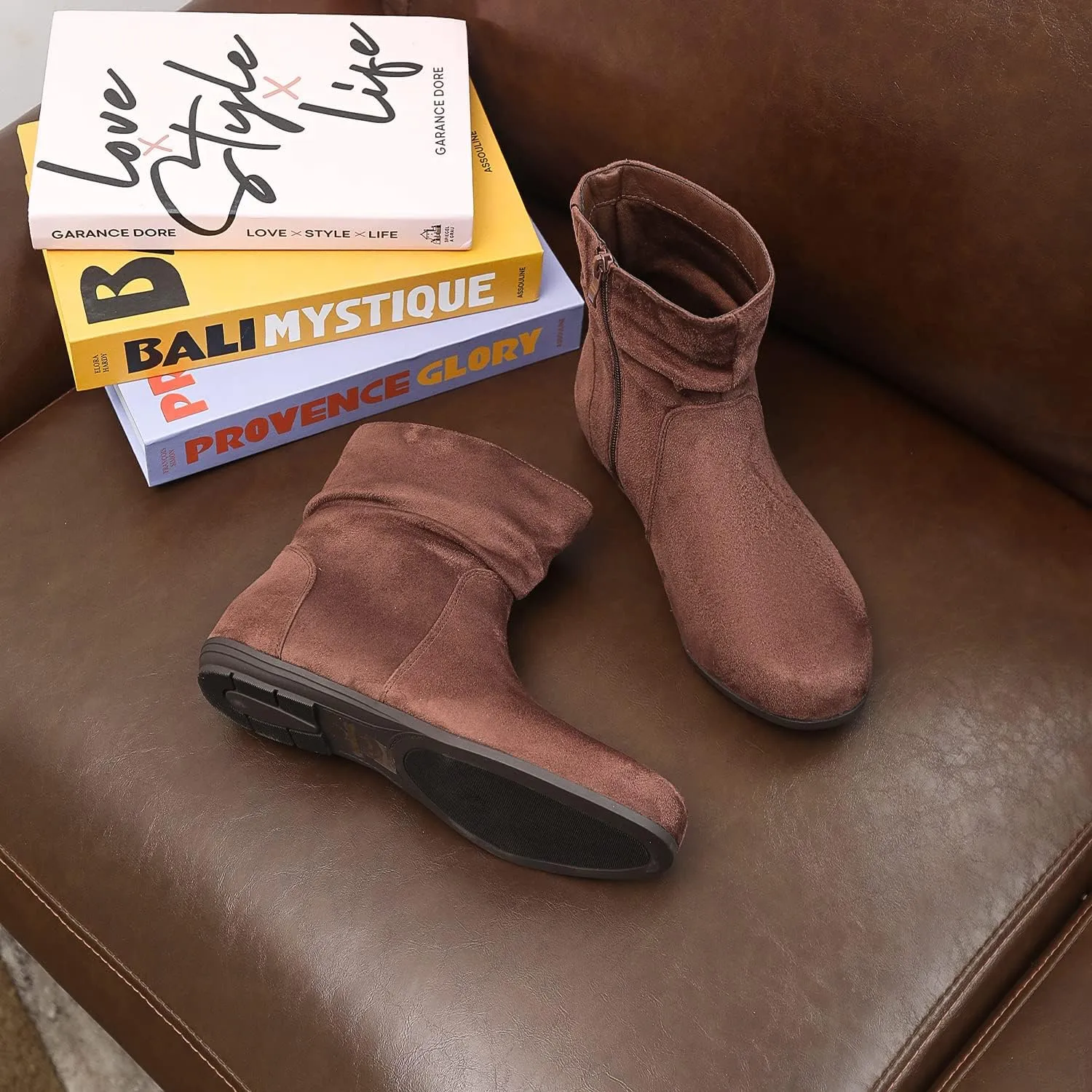 Luoika Women's Wide Width Ankle Boots - Black Brown Short Boots Block Low Heel Side Zipper Booties.