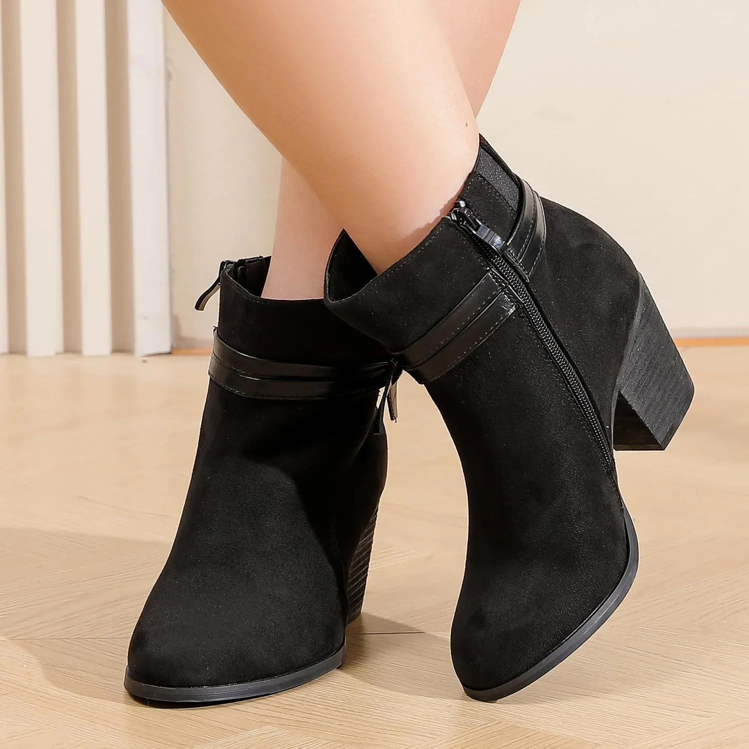 Luoika Women's Wide Width Ankle Boots, Chunky Heel Side Zipper Extra Wide Short Booties.