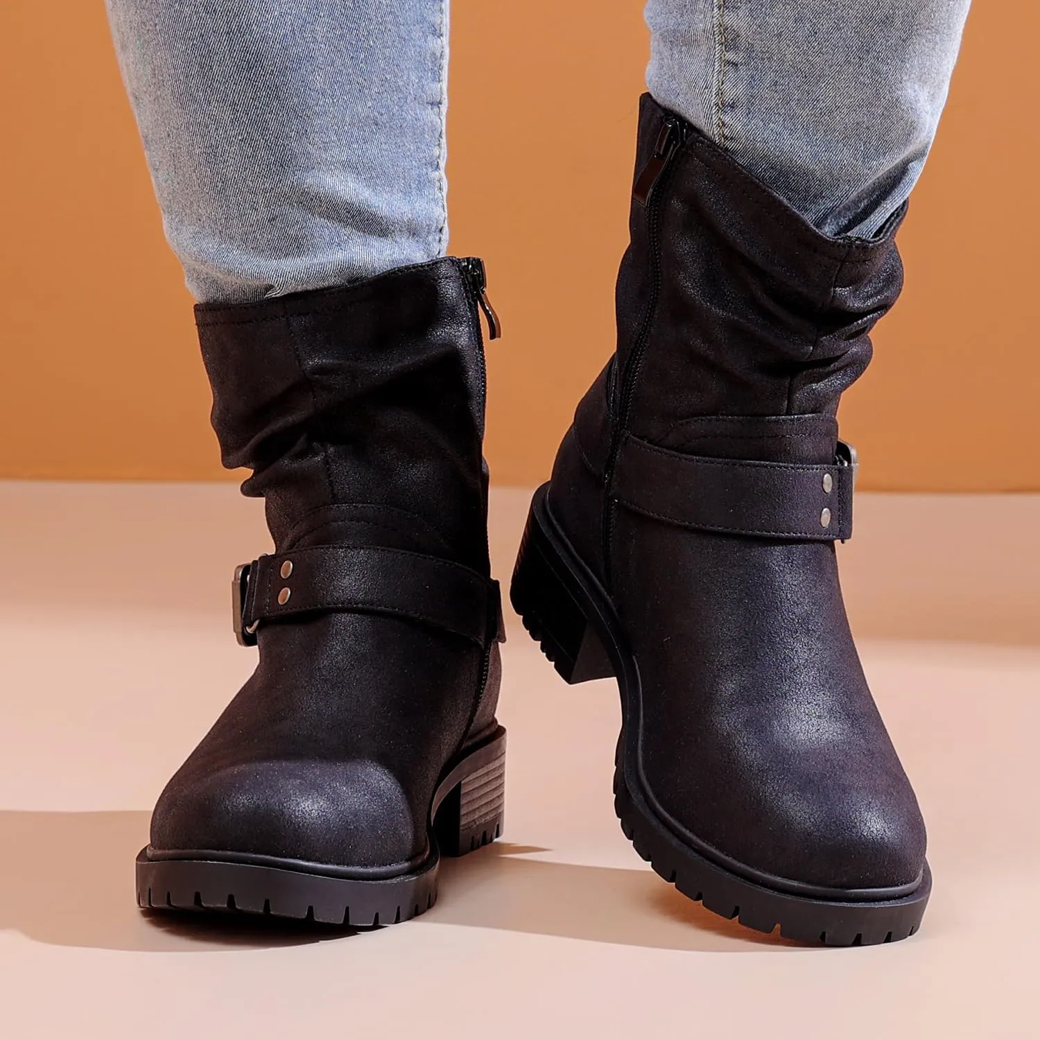 Luoika Women's Wide Width Ankle Boots - Low Heel Side Zipper Slouchy Mid Calf Boots Short Booties.