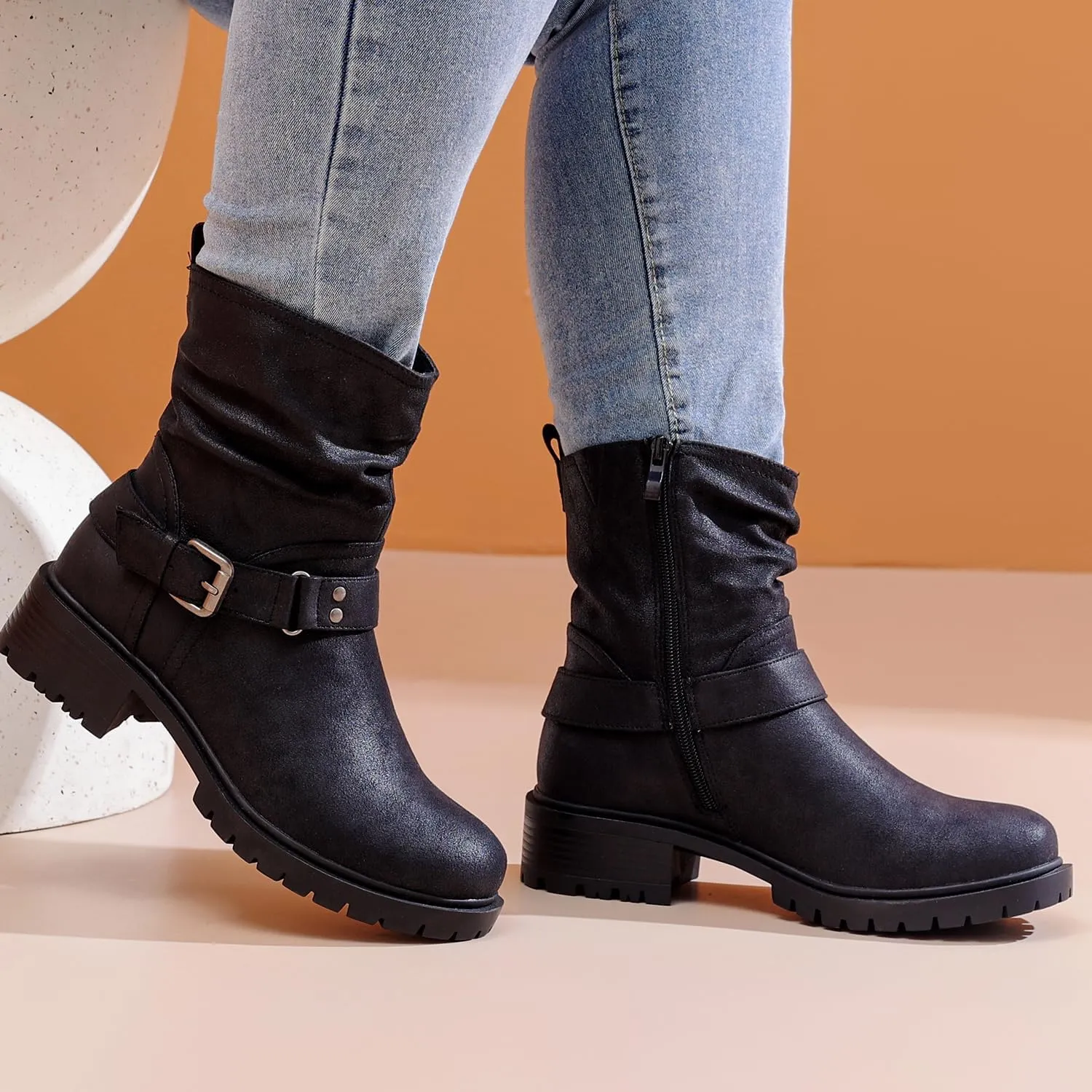 Luoika Women's Wide Width Ankle Boots - Low Heel Side Zipper Slouchy Mid Calf Boots Short Booties.