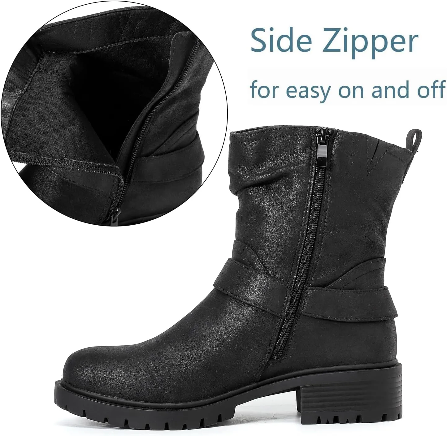 Luoika Women's Wide Width Ankle Boots - Low Heel Side Zipper Slouchy Mid Calf Boots Short Booties.