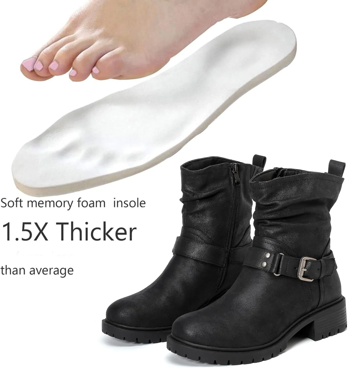 Luoika Women's Wide Width Ankle Boots - Low Heel Side Zipper Slouchy Mid Calf Boots Short Booties.