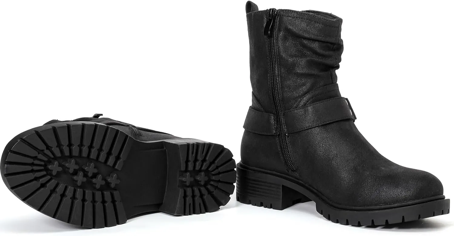 Luoika Women's Wide Width Ankle Boots - Low Heel Side Zipper Slouchy Mid Calf Boots Short Booties.