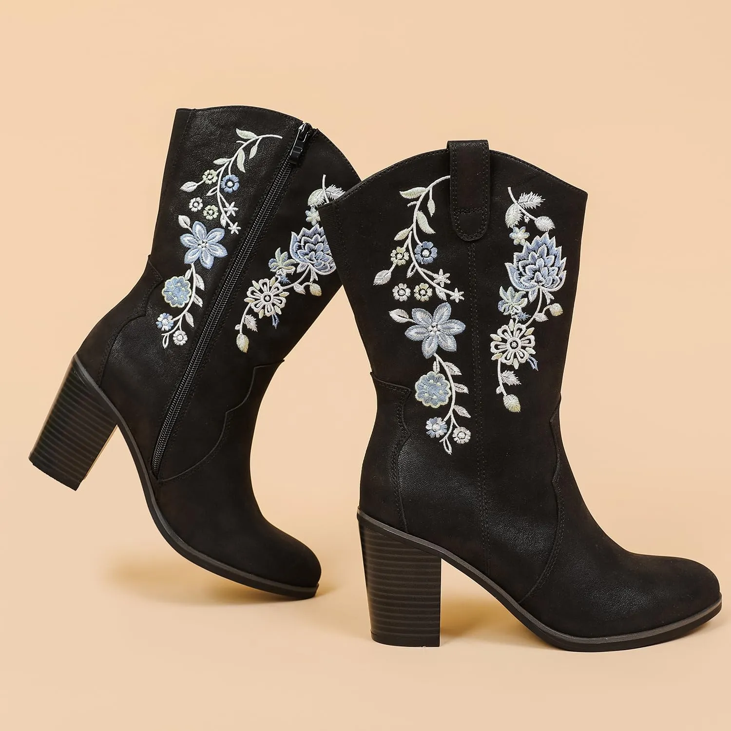 Luoika Women's Wide Width Cowboy Cowgirl Boots - Wide Calf Pointed Toe Pump Heel Women's Western Boots.