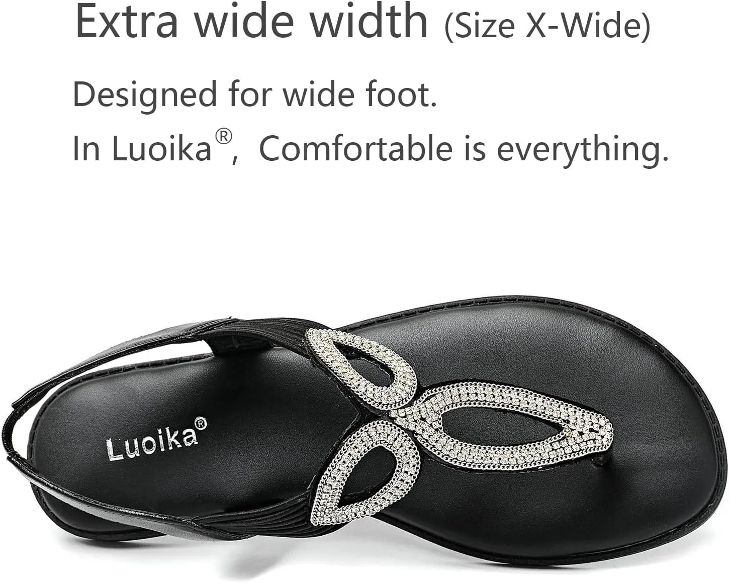 Luoika Women's Wide Width Flat Slides Sandals, Flip Flop Strappy Rhinestone Thong Sandals Comfortable Summer Beach Shoes for Women.