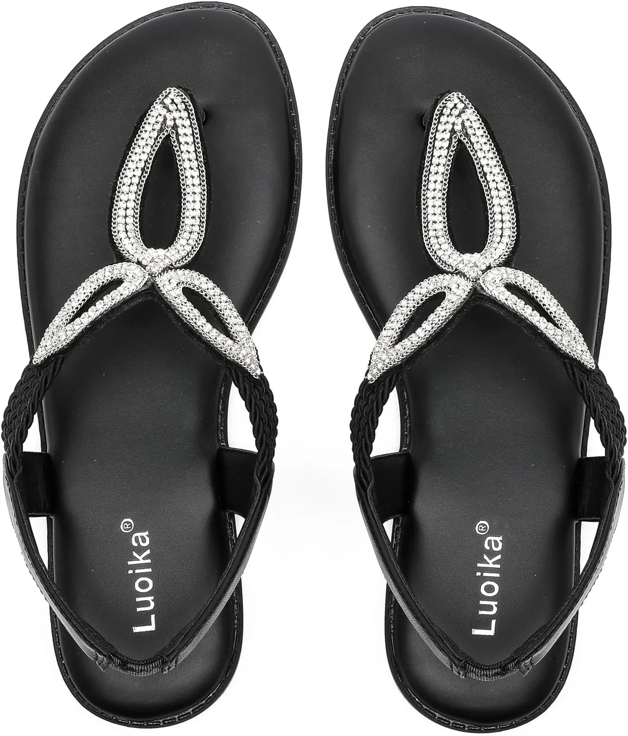 Luoika Women's Wide Width Flat Slides Sandals, Flip Flop Strappy Rhinestone Thong Sandals Comfortable Summer Beach Shoes for Women.