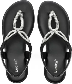 Luoika Women's Wide Width Flat Slides Sandals, Flip Flop Strappy Rhinestone Thong Sandals Comfortable Summer Beach Shoes for Women.