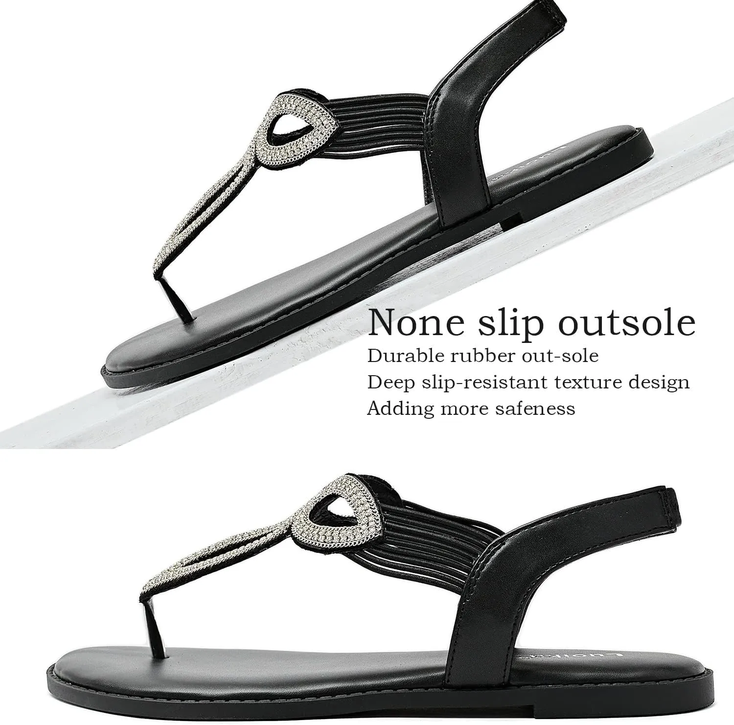 Luoika Women's Wide Width Flat Slides Sandals, Flip Flop Strappy Rhinestone Thong Sandals Comfortable Summer Beach Shoes for Women.