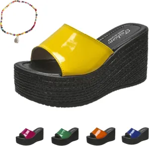 Lymphvity Women's Fish Mouth Open Toe Platform Sandals Slides,Summer Fashion Outdoor Slip On Mule High Heeled Wedge Solid Color Casual Dress Leather Sandals