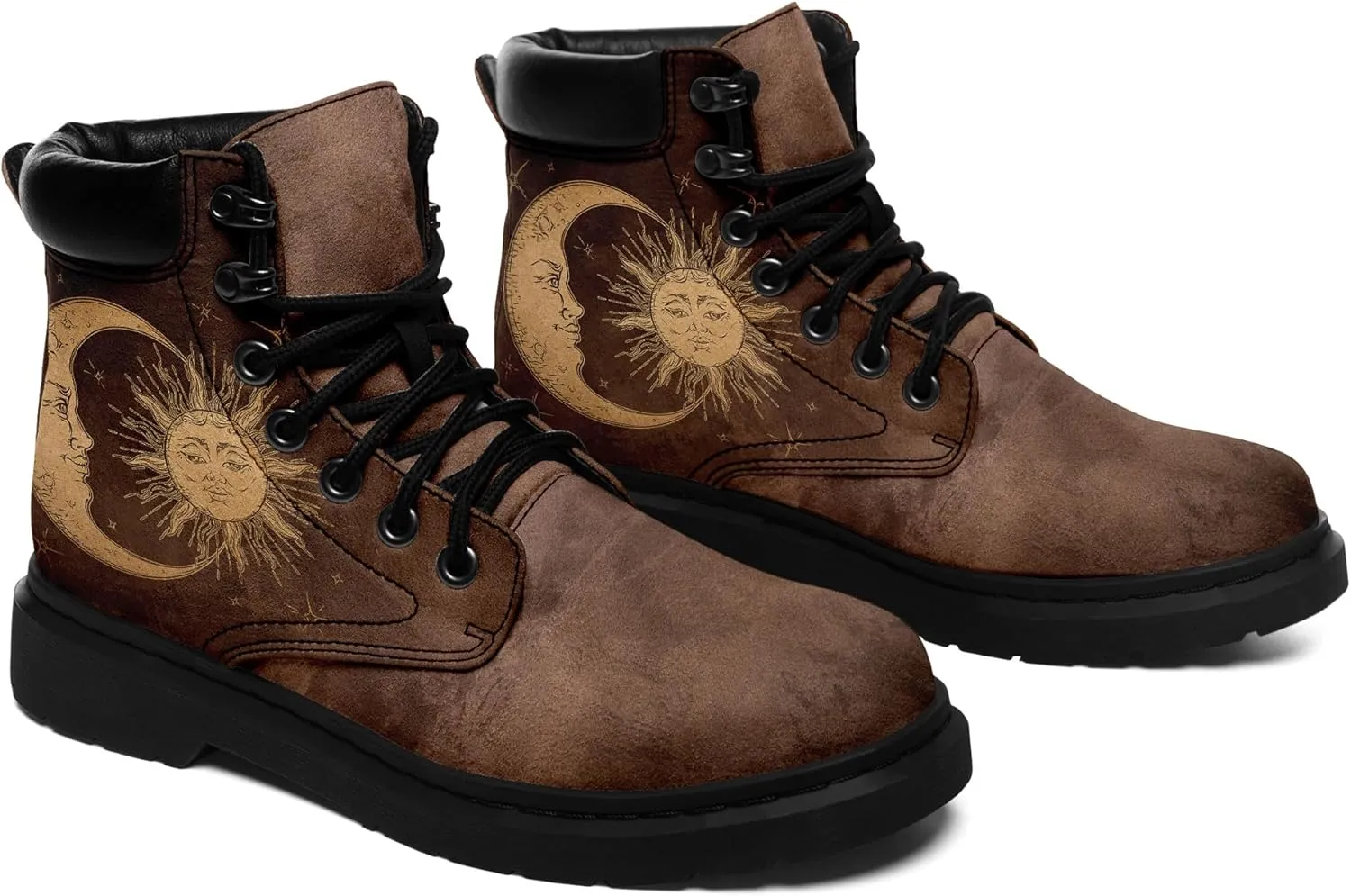 Mandala Combat Boots for Men and Women with Floral, Sun and Moon Designs – Durable Boho Ankle Boots for Hiking,Casual Wear
