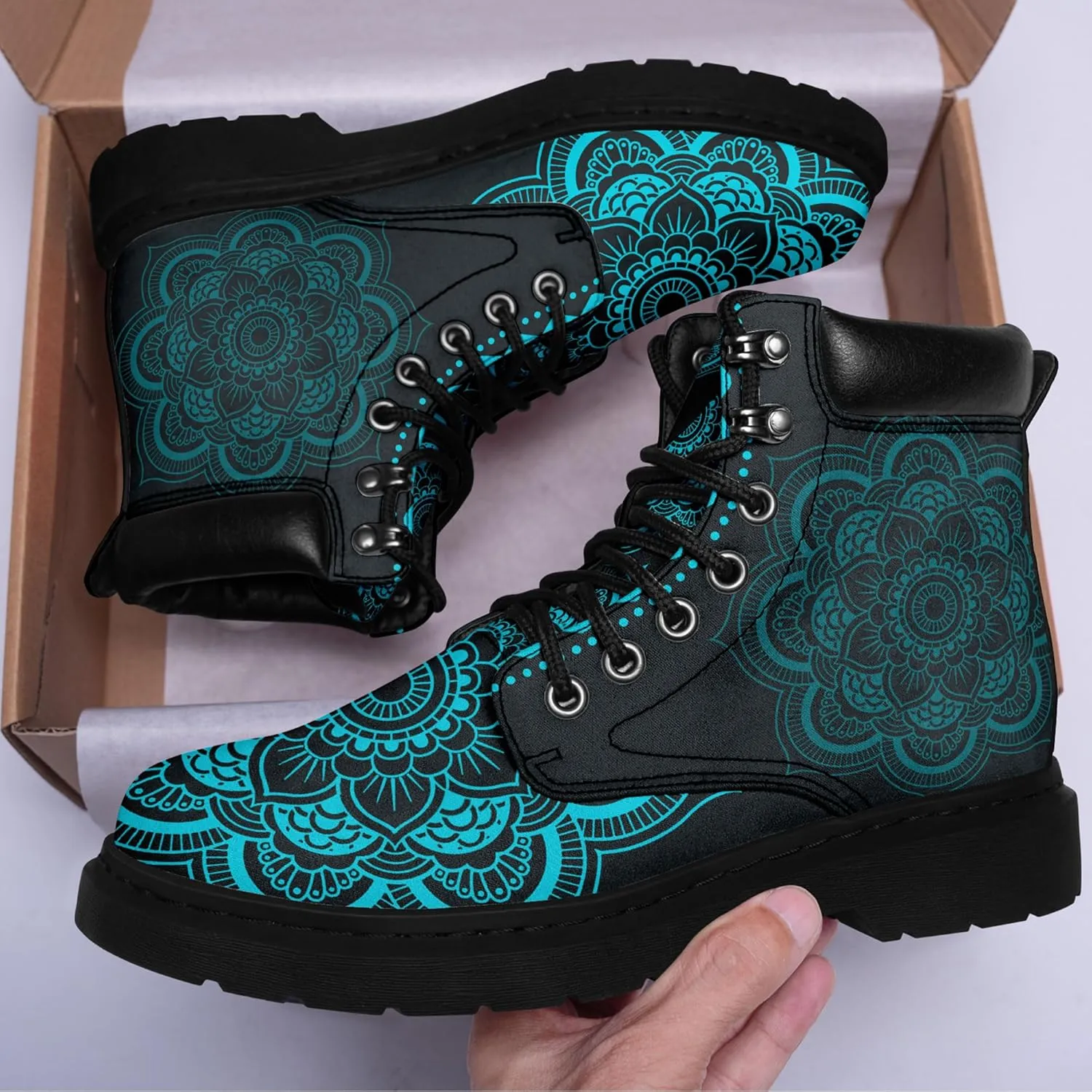 Mandala Combat Boots for Men and Women with Floral, Sun and Moon Designs – Durable Boho Ankle Boots for Hiking,Casual Wear