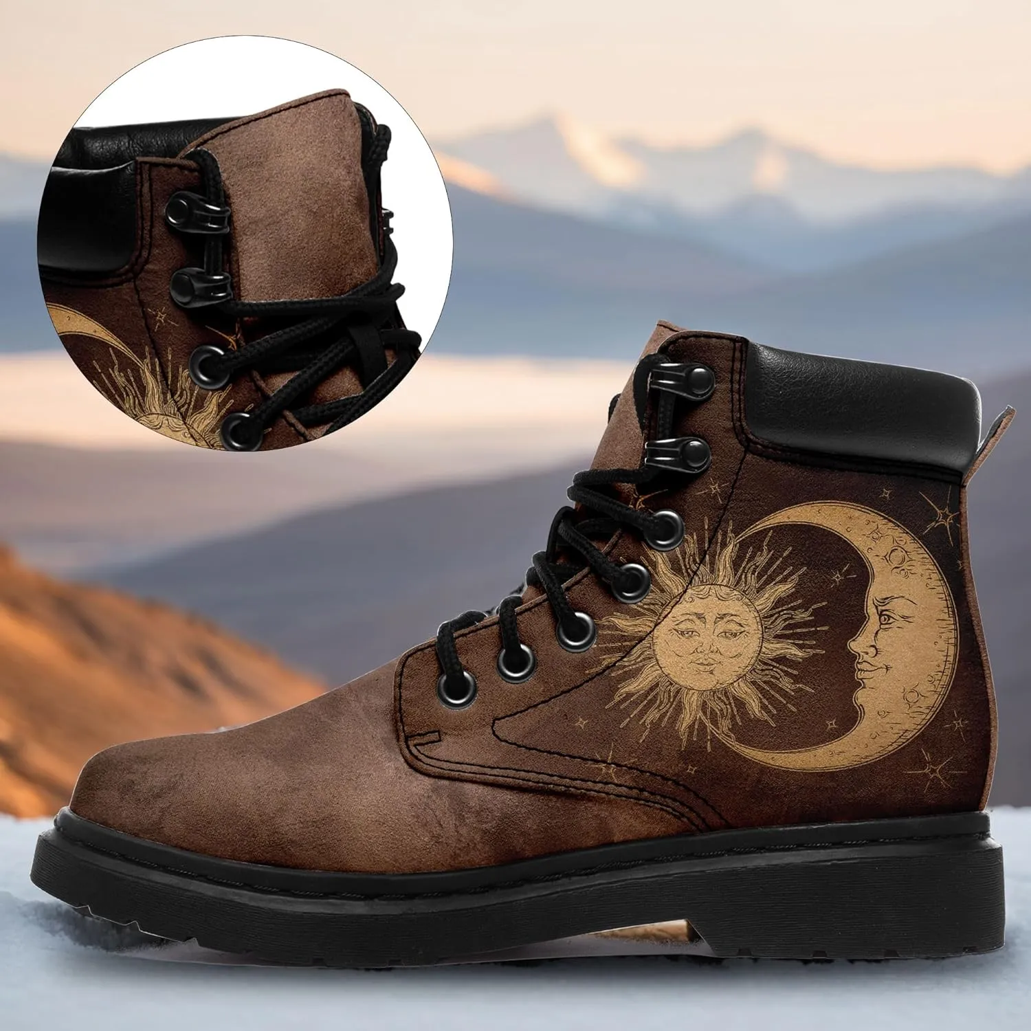 Mandala Combat Boots for Men and Women with Floral, Sun and Moon Designs – Durable Boho Ankle Boots for Hiking,Casual Wear