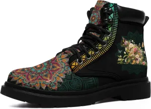 Mandala Combat Boots for Men and Women with Floral, Sun and Moon Designs – Durable Boho Ankle Boots for Hiking,Casual Wear