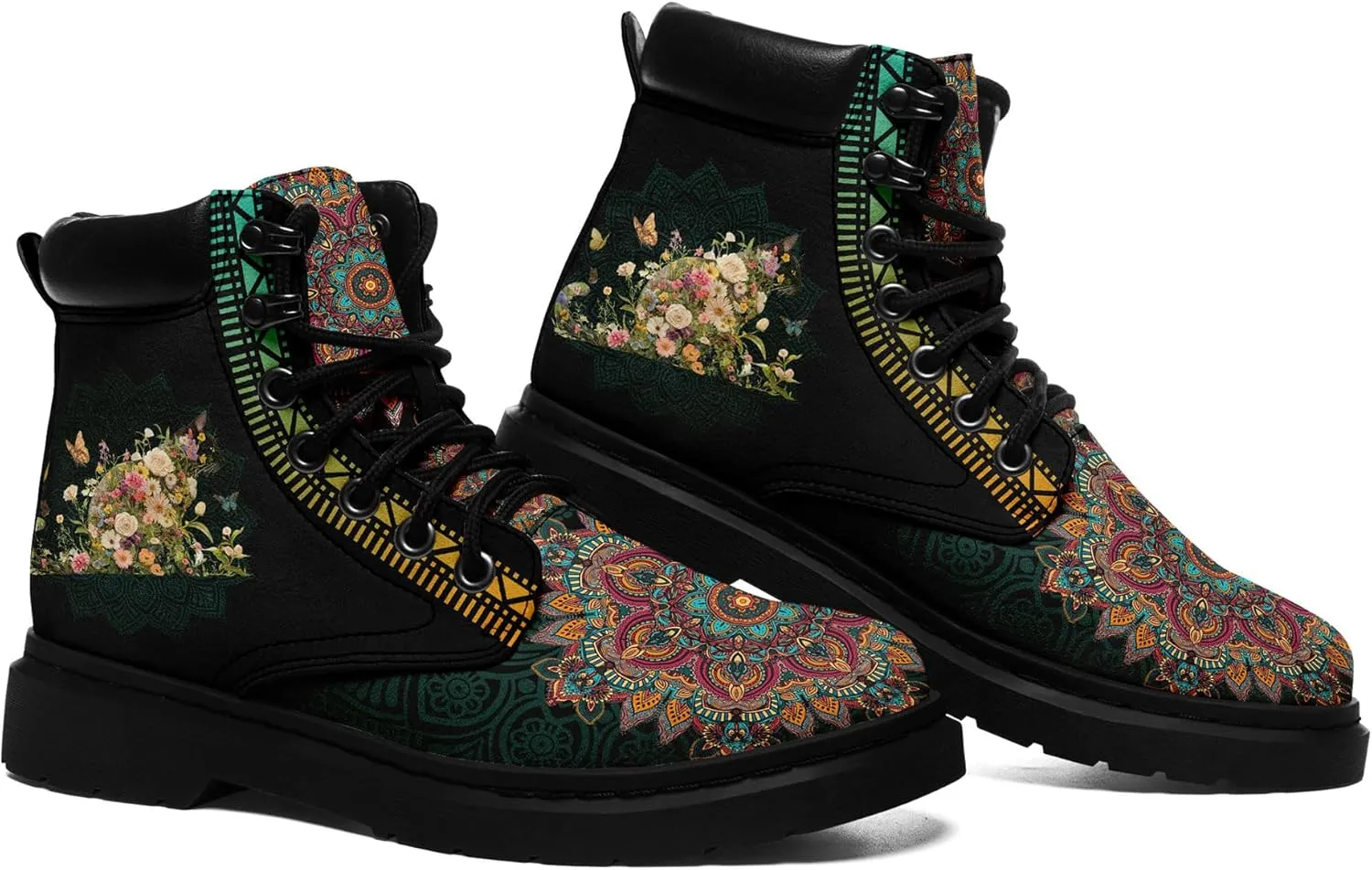 Mandala Combat Boots for Men and Women with Floral, Sun and Moon Designs – Durable Boho Ankle Boots for Hiking,Casual Wear
