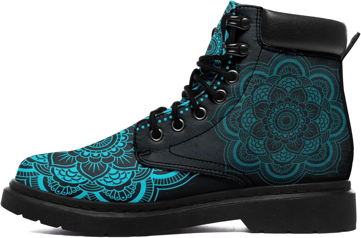 Mandala Combat Boots for Men and Women with Floral, Sun and Moon Designs – Durable Boho Ankle Boots for Hiking,Casual Wear