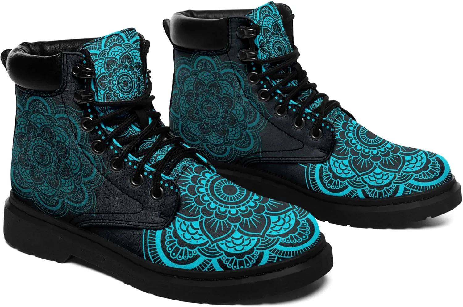 Mandala Combat Boots for Men and Women with Floral, Sun and Moon Designs – Durable Boho Ankle Boots for Hiking,Casual Wear