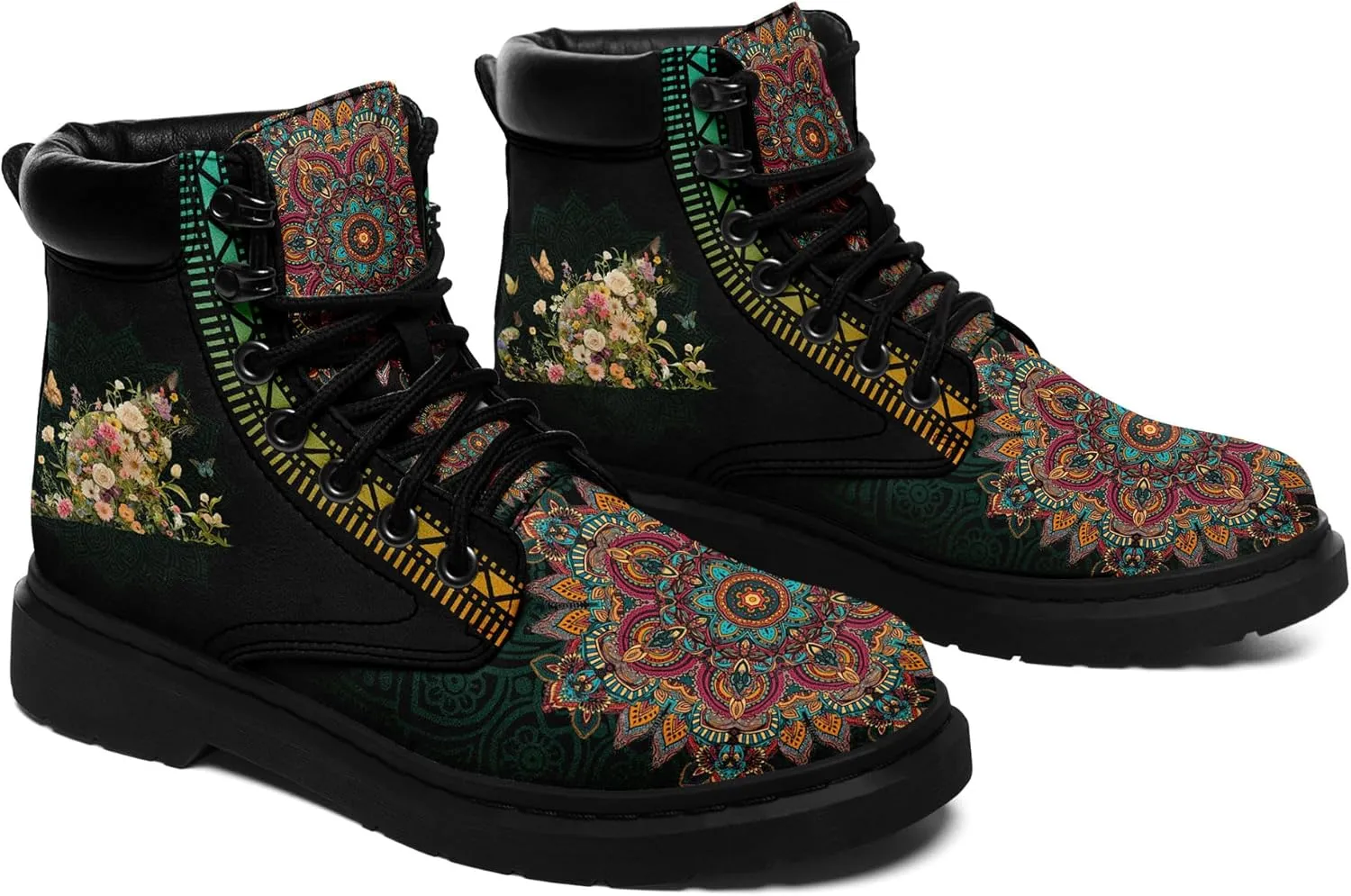 Mandala Combat Boots for Men and Women with Floral, Sun and Moon Designs – Durable Boho Ankle Boots for Hiking,Casual Wear