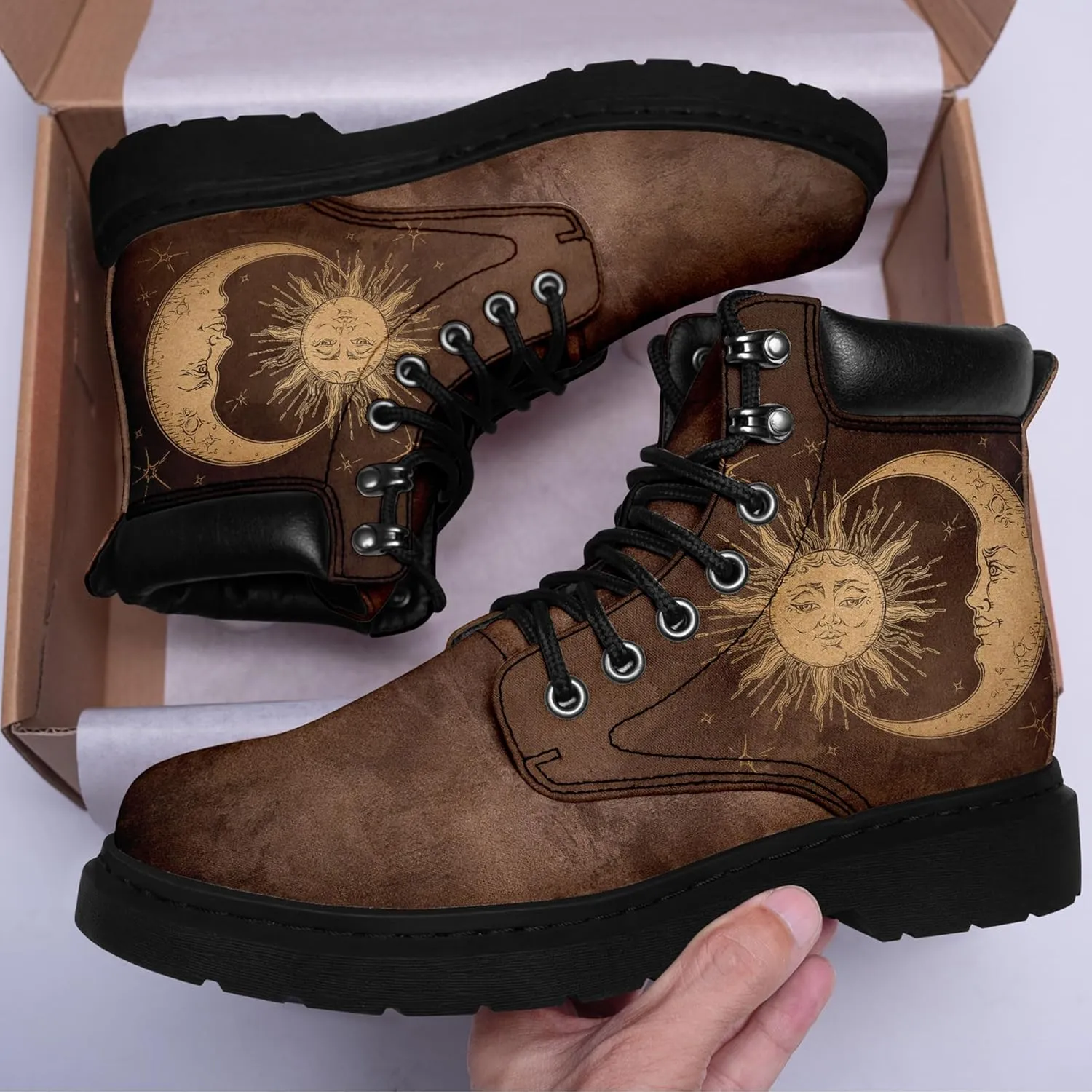 Mandala Combat Boots for Men and Women with Floral, Sun and Moon Designs – Durable Boho Ankle Boots for Hiking,Casual Wear
