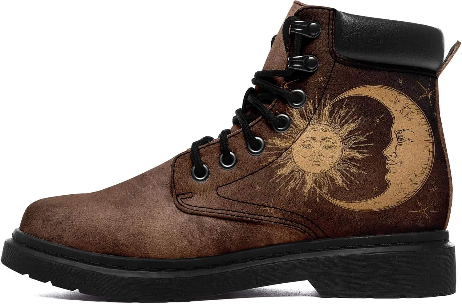 Mandala Combat Boots for Men and Women with Floral, Sun and Moon Designs – Durable Boho Ankle Boots for Hiking,Casual Wear