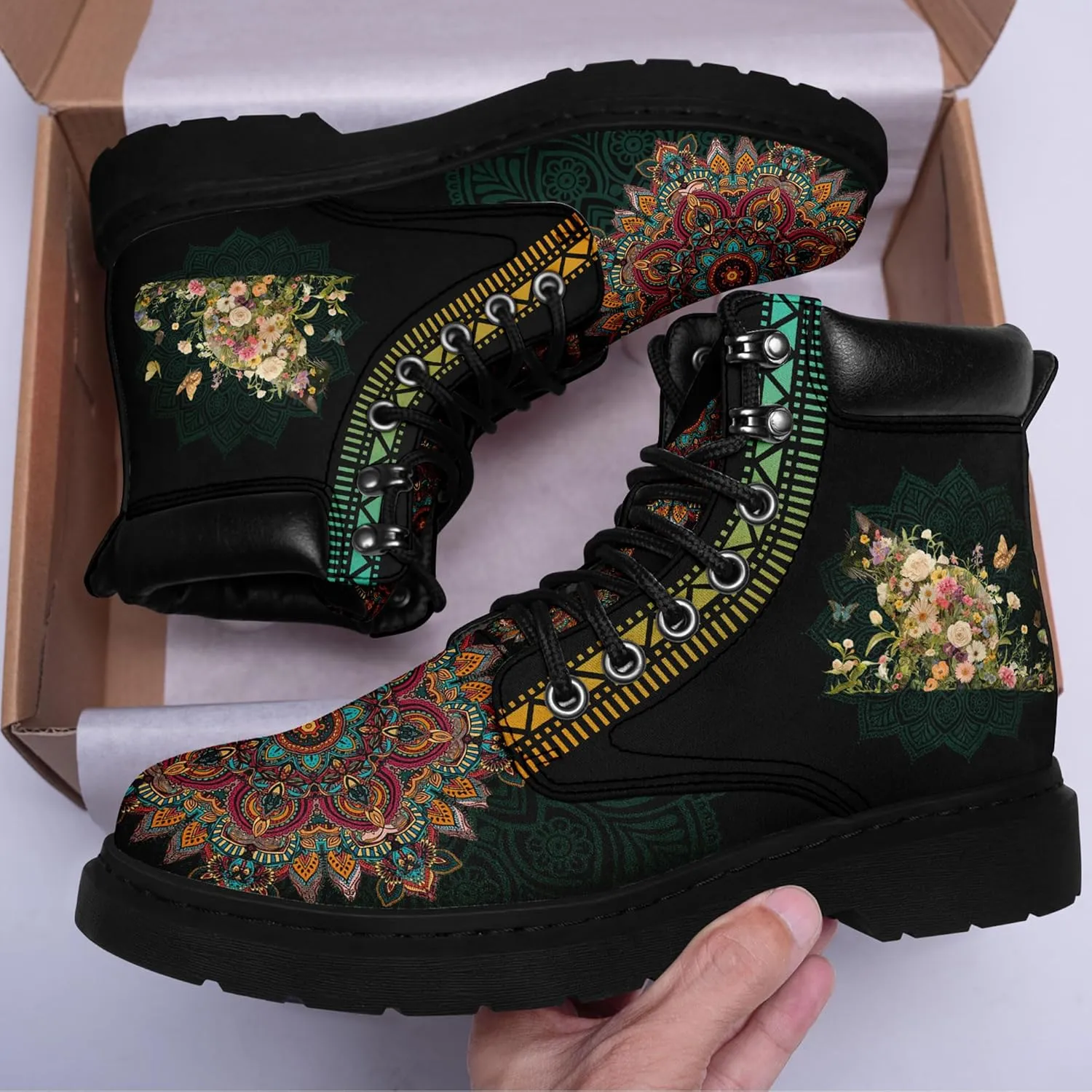 Mandala Combat Boots for Men and Women with Floral, Sun and Moon Designs – Durable Boho Ankle Boots for Hiking,Casual Wear