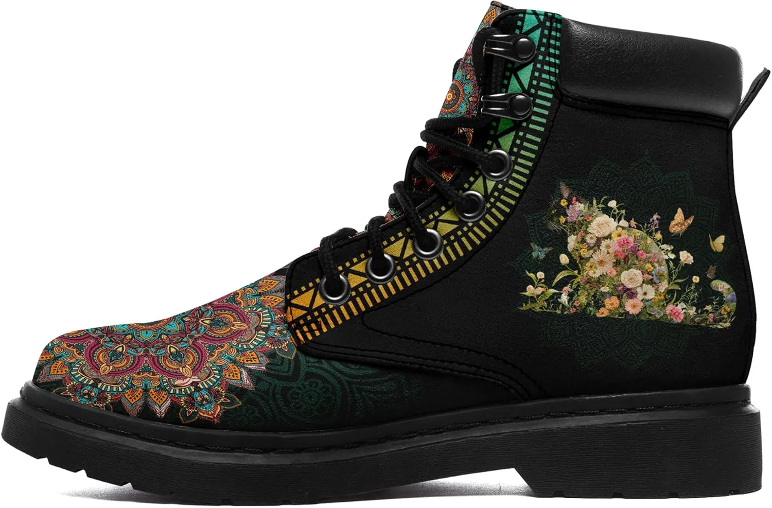 Mandala Combat Boots for Men and Women with Floral, Sun and Moon Designs – Durable Boho Ankle Boots for Hiking,Casual Wear