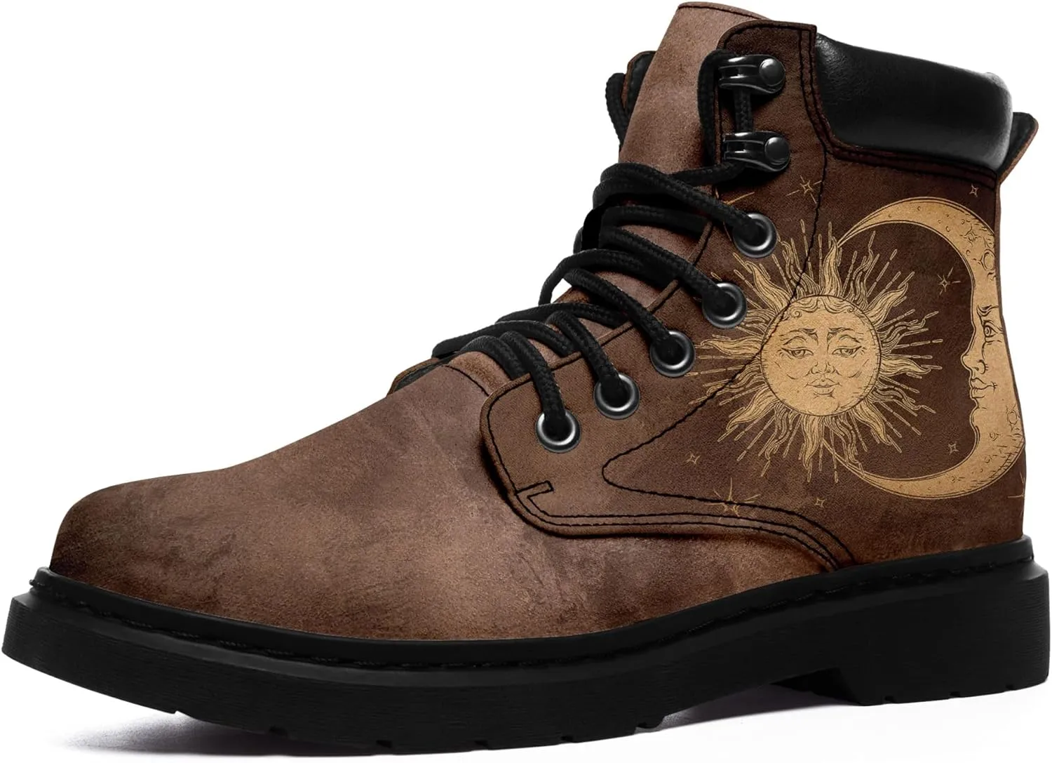 Mandala Combat Boots for Men and Women with Floral, Sun and Moon Designs – Durable Boho Ankle Boots for Hiking,Casual Wear