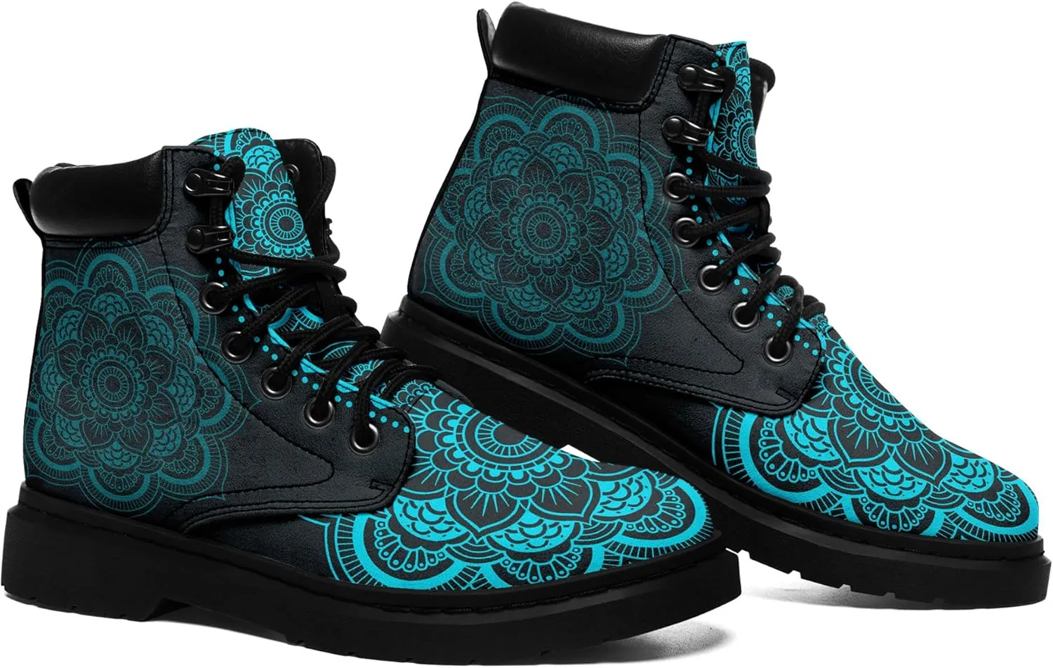 Mandala Combat Boots for Men and Women with Floral, Sun and Moon Designs – Durable Boho Ankle Boots for Hiking,Casual Wear