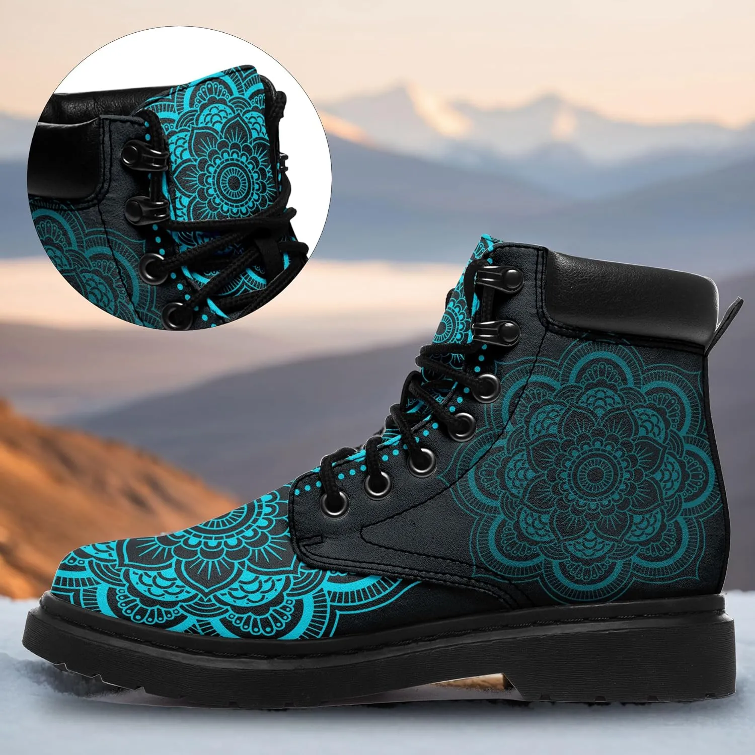 Mandala Combat Boots for Men and Women with Floral, Sun and Moon Designs – Durable Boho Ankle Boots for Hiking,Casual Wear