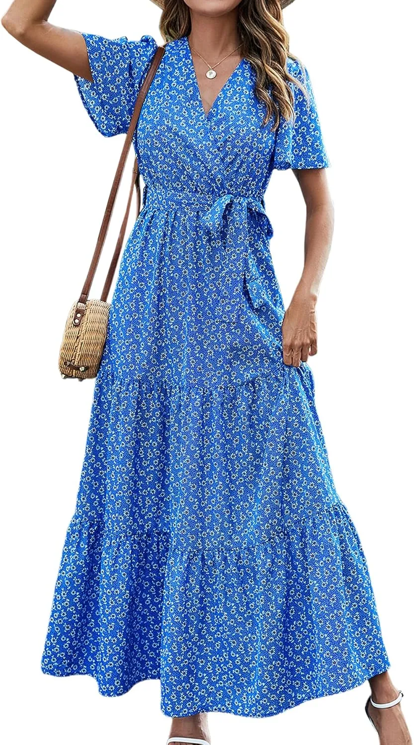 MASCOMODA Boho Floral Swiss Dot Summer Maxi Dresses for Women Wrap V Neck Short Sleeve Long Flowy Church Wedding Guest Dress