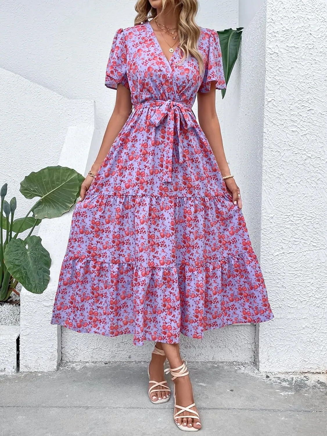 MASCOMODA Boho Floral Swiss Dot Summer Maxi Dresses for Women Wrap V Neck Short Sleeve Long Flowy Church Wedding Guest Dress
