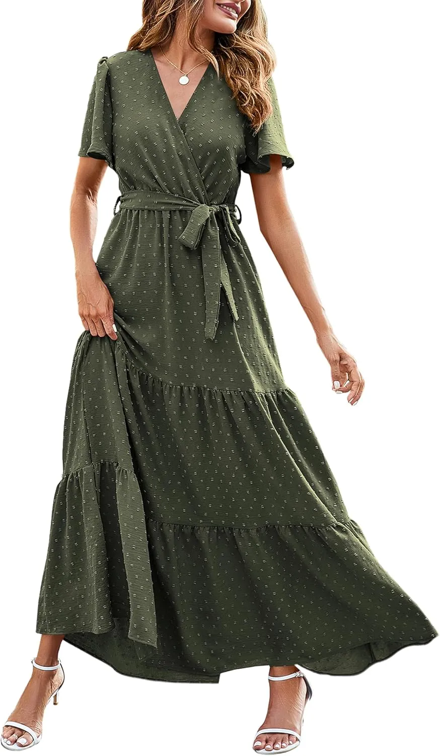 MASCOMODA Boho Floral Swiss Dot Summer Maxi Dresses for Women Wrap V Neck Short Sleeve Long Flowy Church Wedding Guest Dress
