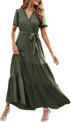 MASCOMODA Boho Floral Swiss Dot Summer Maxi Dresses for Women Wrap V Neck Short Sleeve Long Flowy Church Wedding Guest Dress