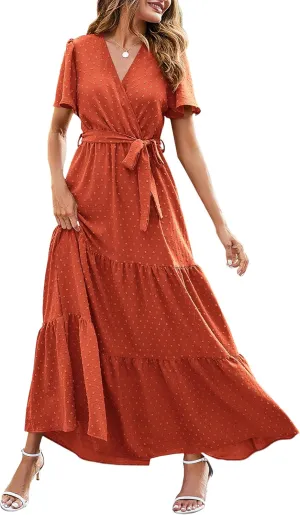 MASCOMODA Boho Floral Swiss Dot Summer Maxi Dresses for Women Wrap V Neck Short Sleeve Long Flowy Church Wedding Guest Dress