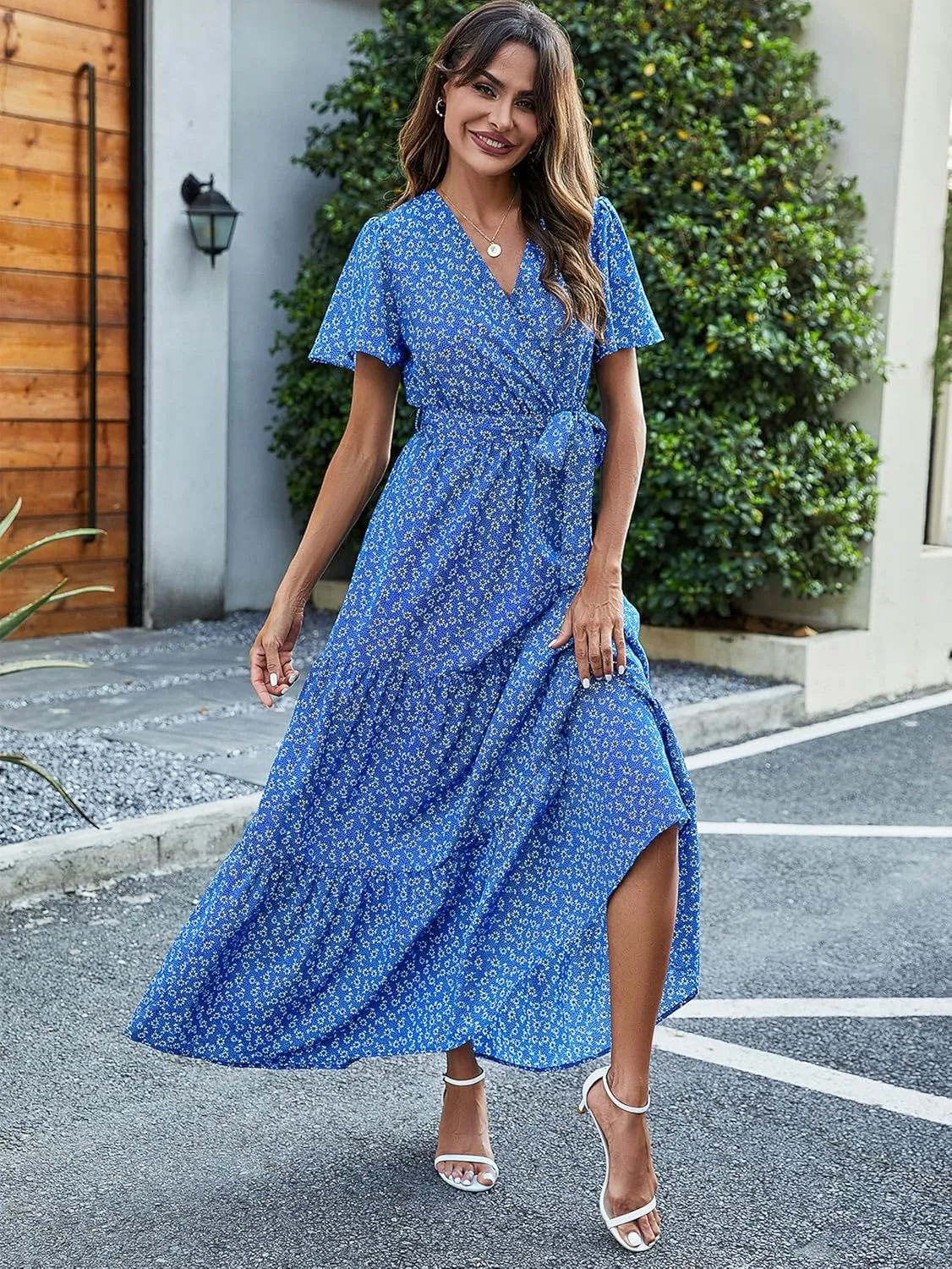 MASCOMODA Boho Floral Swiss Dot Summer Maxi Dresses for Women Wrap V Neck Short Sleeve Long Flowy Church Wedding Guest Dress